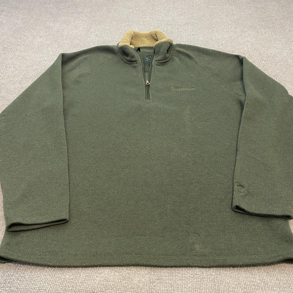 Timberland Sweater Mens 2XL Green 1/4 Zip Fleece Lined Mock Neck Pullover